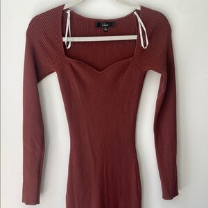 Lulu's Red Ribbed Bodycon Dress Long Sleeve Square Neck Cocktail
